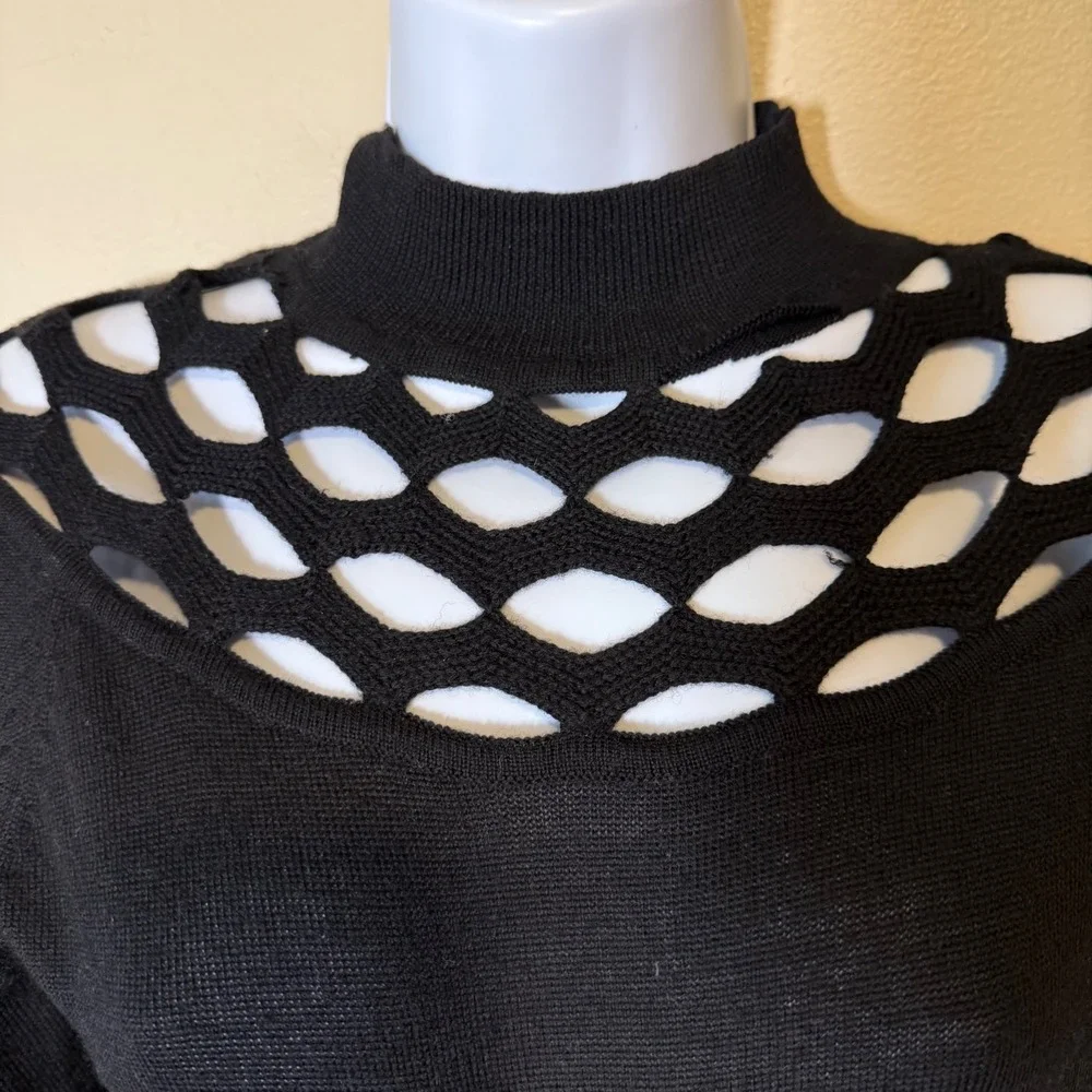 VTG Anne Klein II Black Knit Sweater Top Mock Neck Lattice Cutout Small Petite‎